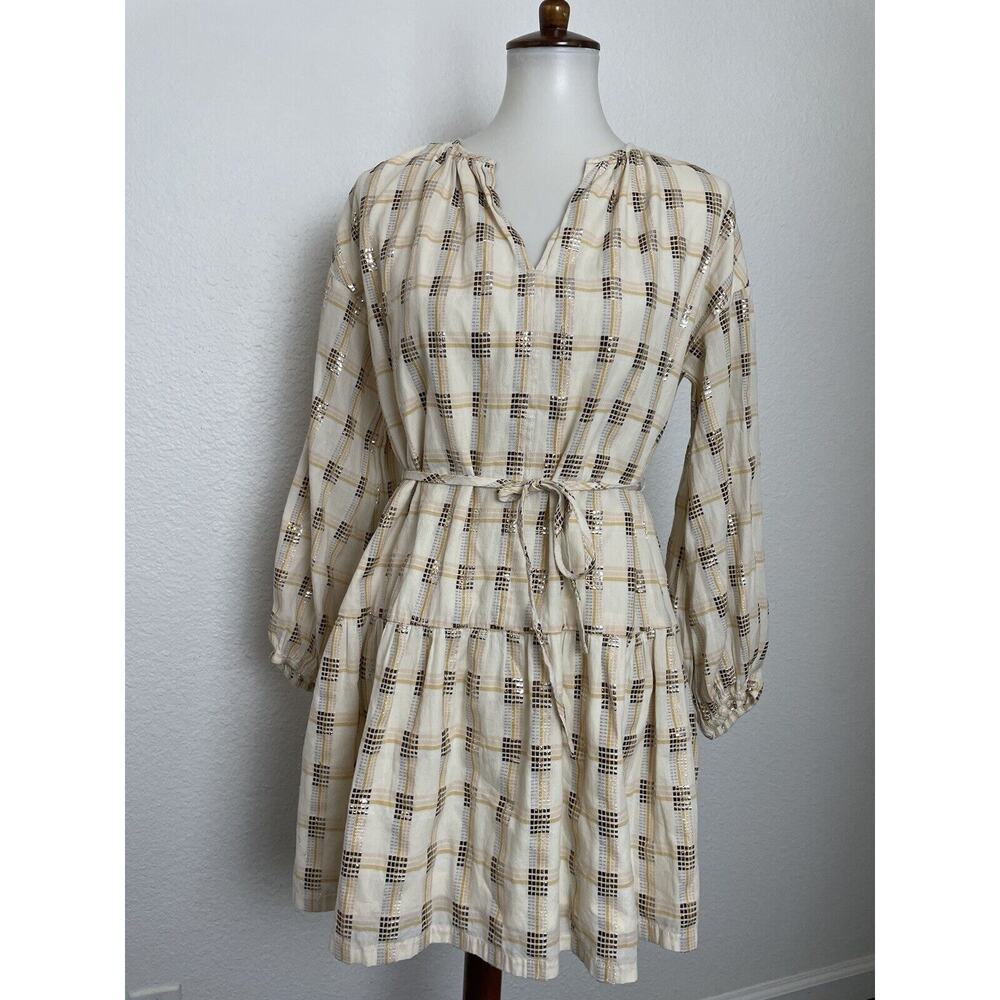 Lou & Grey Mini Dress Belted Plaid Check Metallic Western Cowgirl FLAW